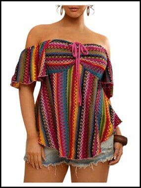 Plus Size Off Shoulder Striped Peplum Top Asymmetrical Ruffle Short Sleeve